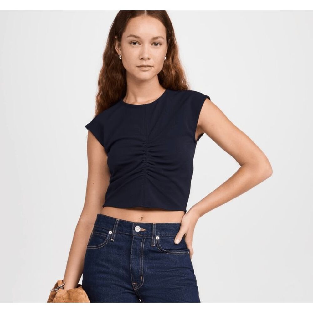 Tanya Taylor Betty Top Navy Blue‎ Crop Back Zipper Ruched Scuba Crepe Size Small